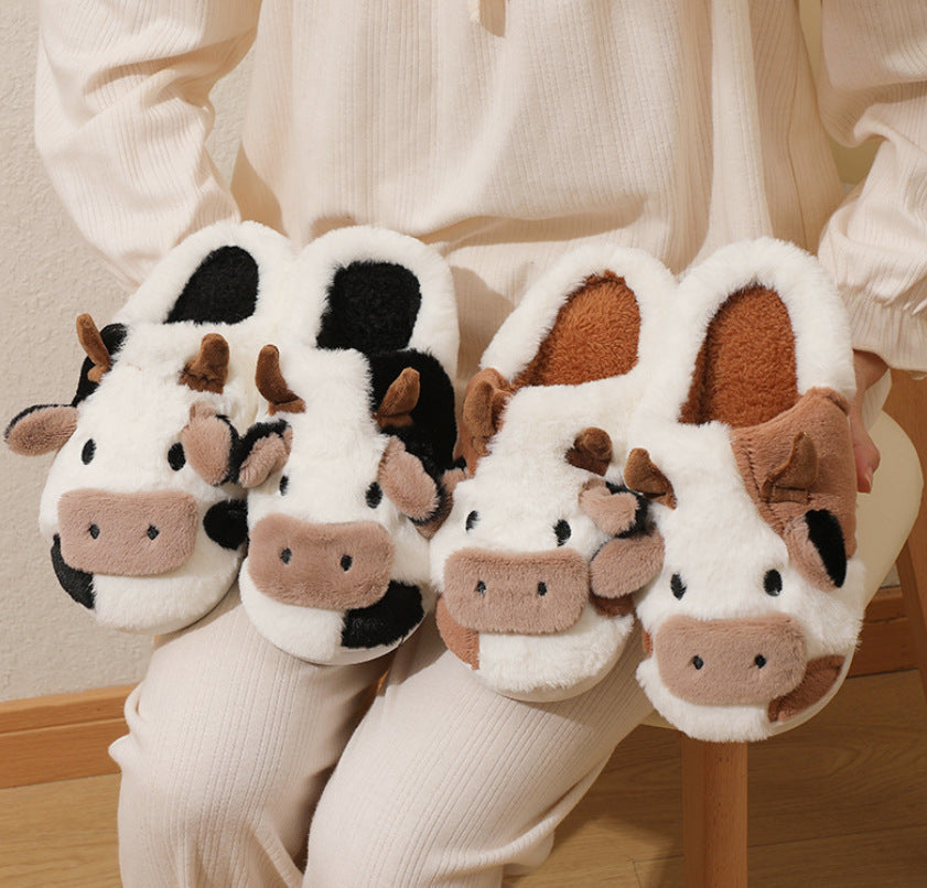 Indoor Home Cartoon Cow Fur Cotton Slippers Female