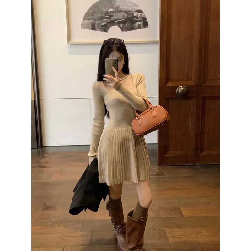 French Style Temperament Minimalist Square Collar Sweet And Spicy Knitted Dress