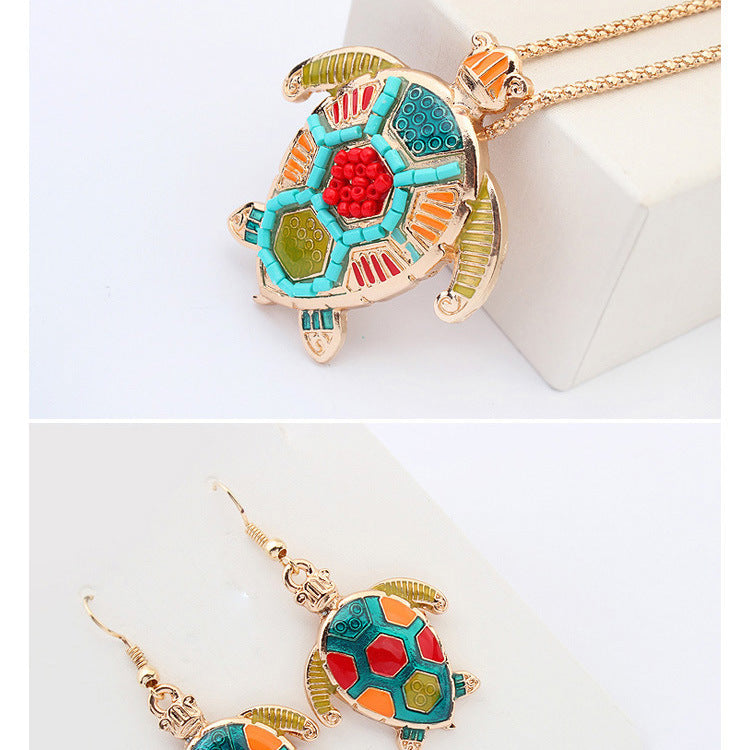 Rice Beads Turtle Jewelry Set Bohemia Ethnic Style Turtle Necklace Earrings Two-Piece Set