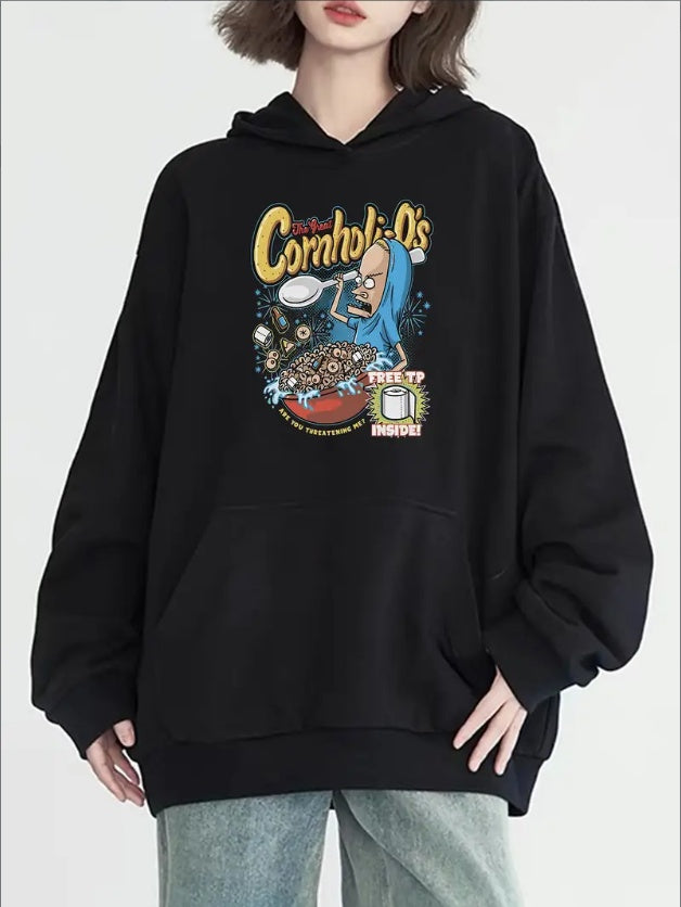 Cartoon Figure Print Kangaroo Pocket Hoodie, Casual Long Sleeve Hoodies Sweatshirt, Women's Clothing