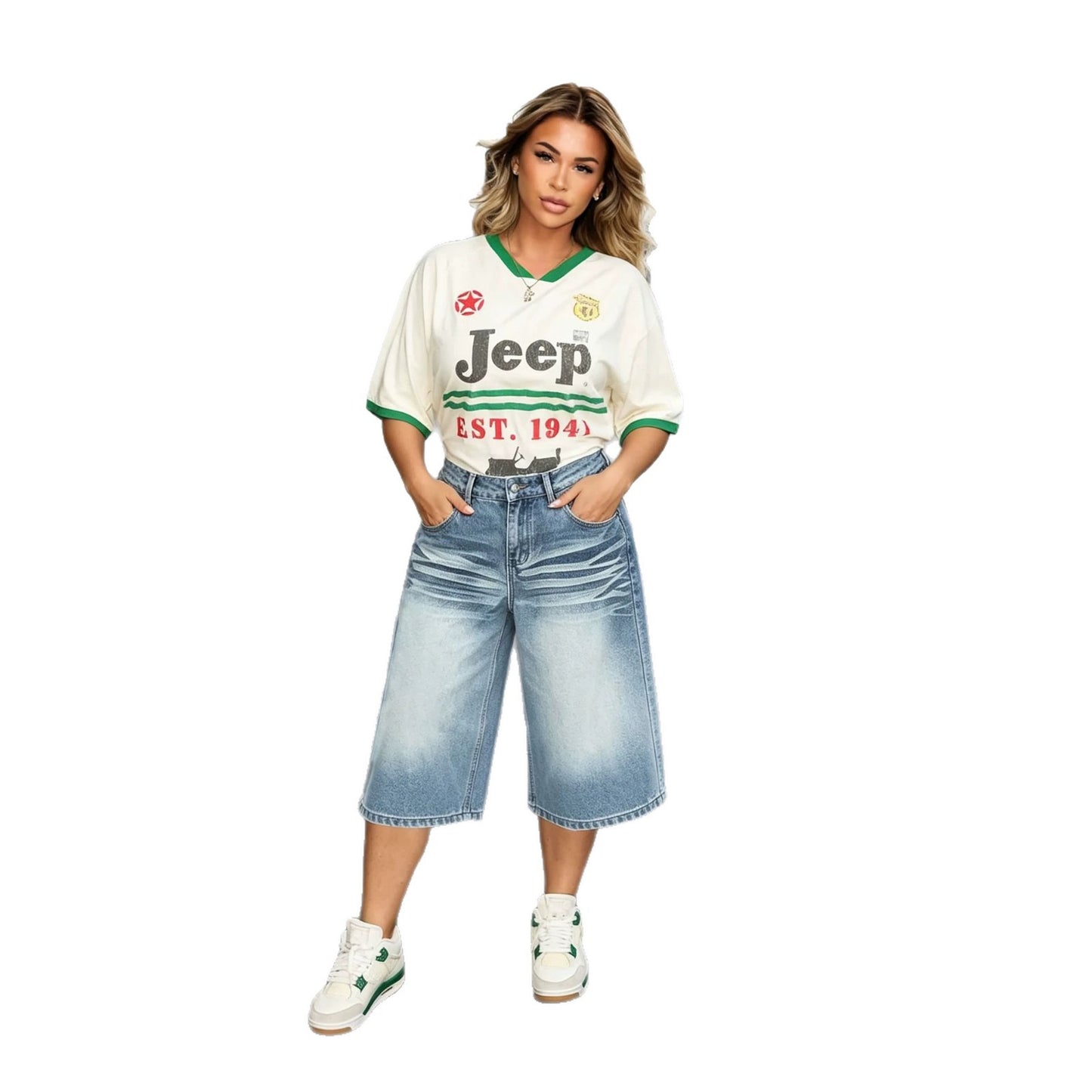 Casual Gradient Washed Crinkled Cat-Whisker Denim Mid-Length Pants