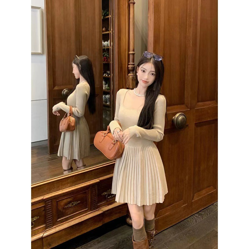 French Style Temperament Minimalist Square Collar Sweet And Spicy Knitted Dress