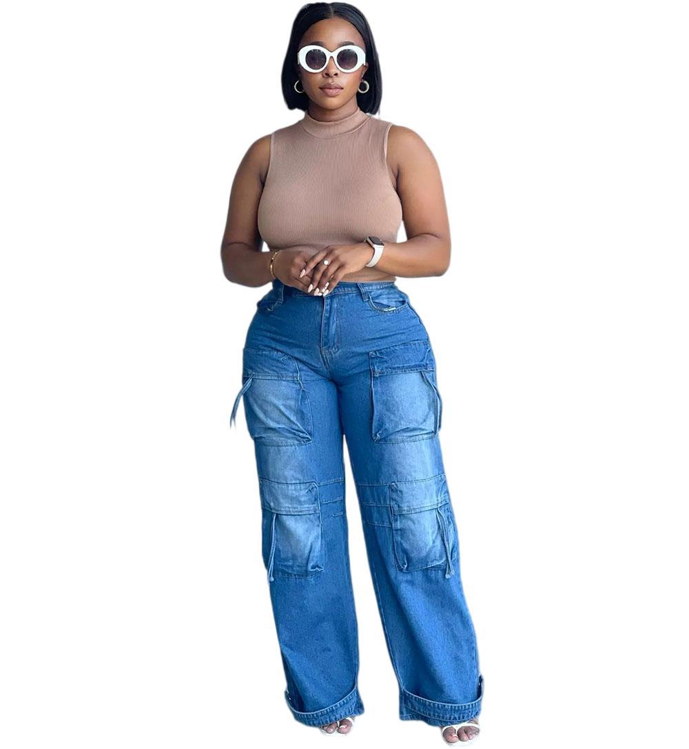 High-Waisted Women's Denim Pants, Fashionable Straight Leg Cargo Casual Trousers