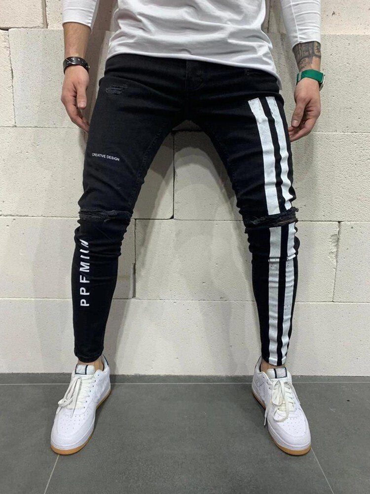 Men's Ripped jeans Badge Letters Hip-hop Skinny Jogging Denim Fashion Pencil Long Trousers Distressed Jeans For Men Clothing