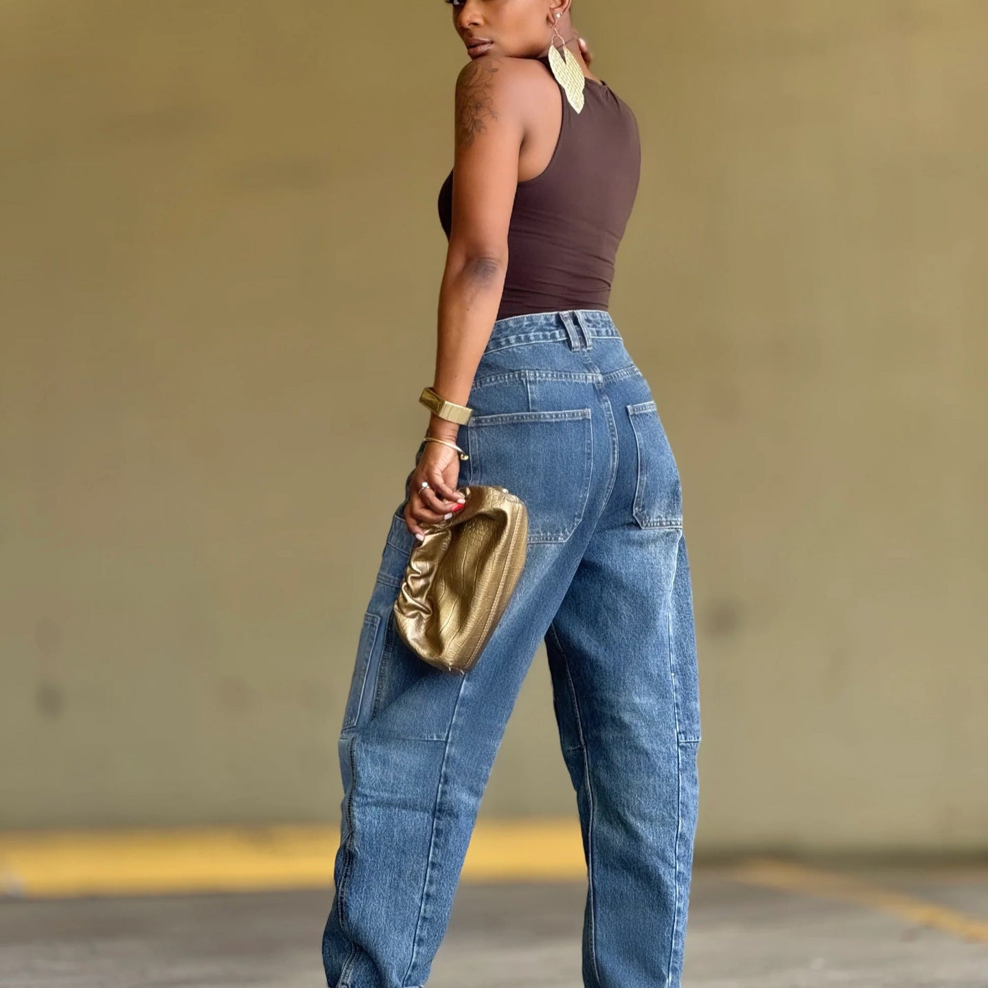 Deconstructed Patchwork Multi-pocket Tapered Jeans