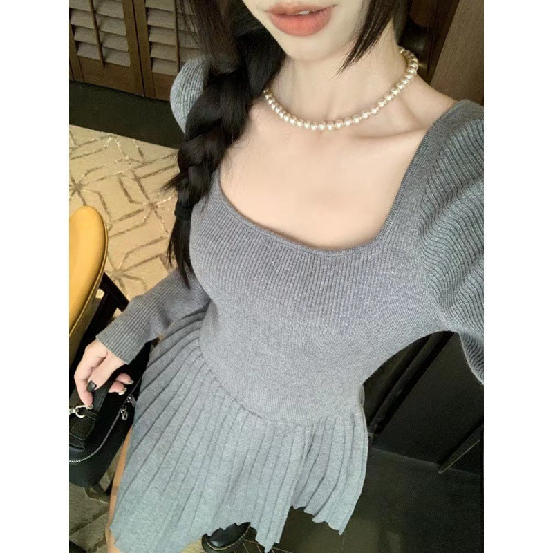 French Style Temperament Minimalist Square Collar Sweet And Spicy Knitted Dress