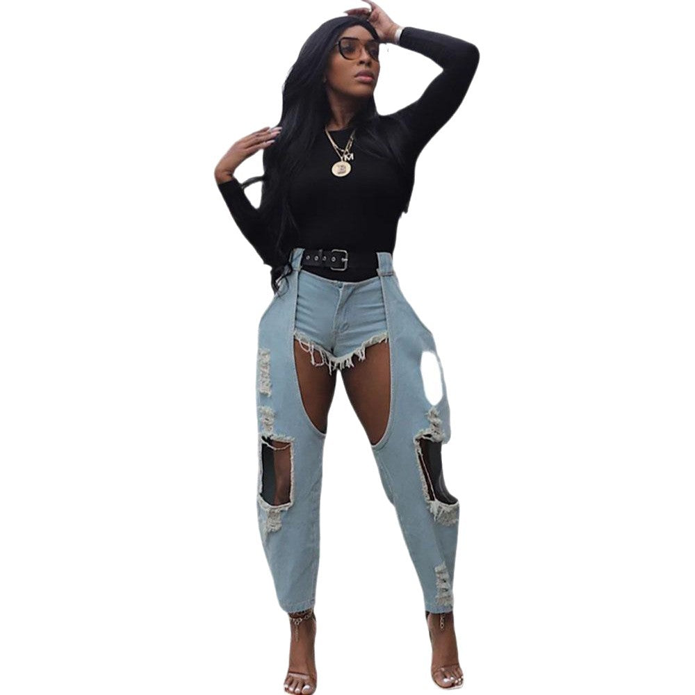 Western Casual Women's Jeans with Distressed Holes and Belt, Street Style Denim Pants