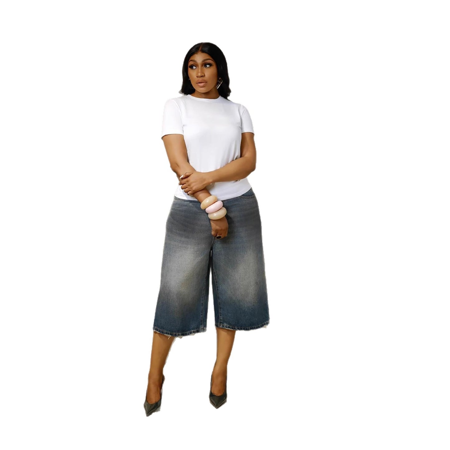 Casual Minimalist Wide-Leg Seven-Quarter Denim Pants