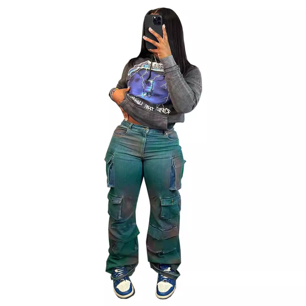 Elastic Fabric Women's Fashion Multi-Pocket Loose Wide-Leg Spray-Dyed Straight Leg Cargo Pants