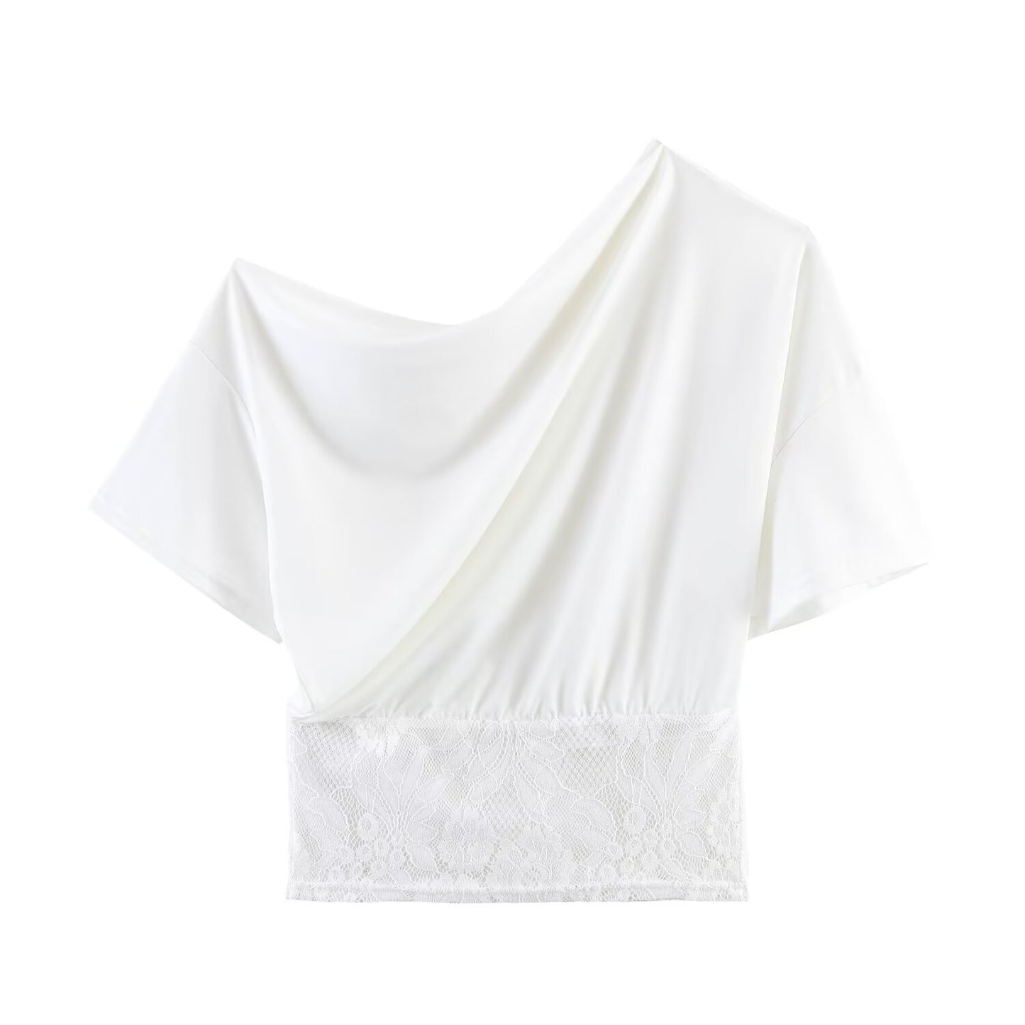Spicy girl sexy lace patchwork sloping shoulder waistband top