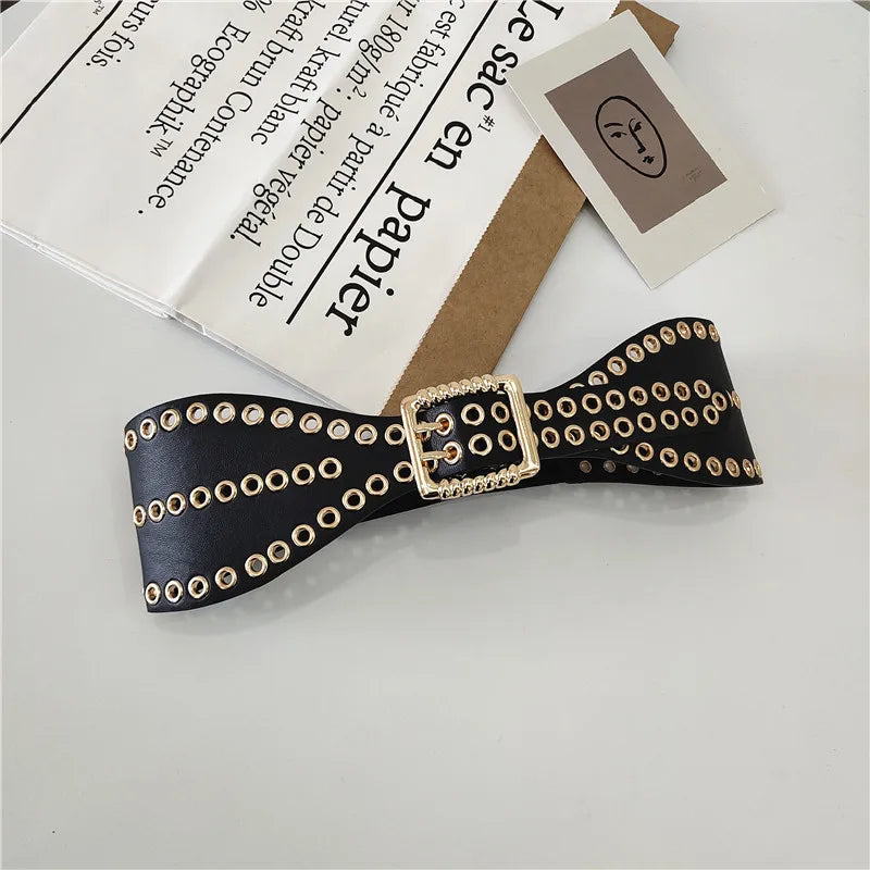 New Fashion Waist Band Women Metal Decoration Alloy Double Pin Buckle Luxury Dress Coat Casual Style PU Leather Belt