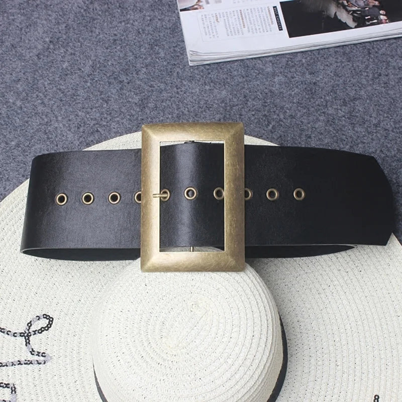 Pu Leather Black Metal Big Buckle Exceed Width Belt Personality Women New Fashion All-match Spring Autumn