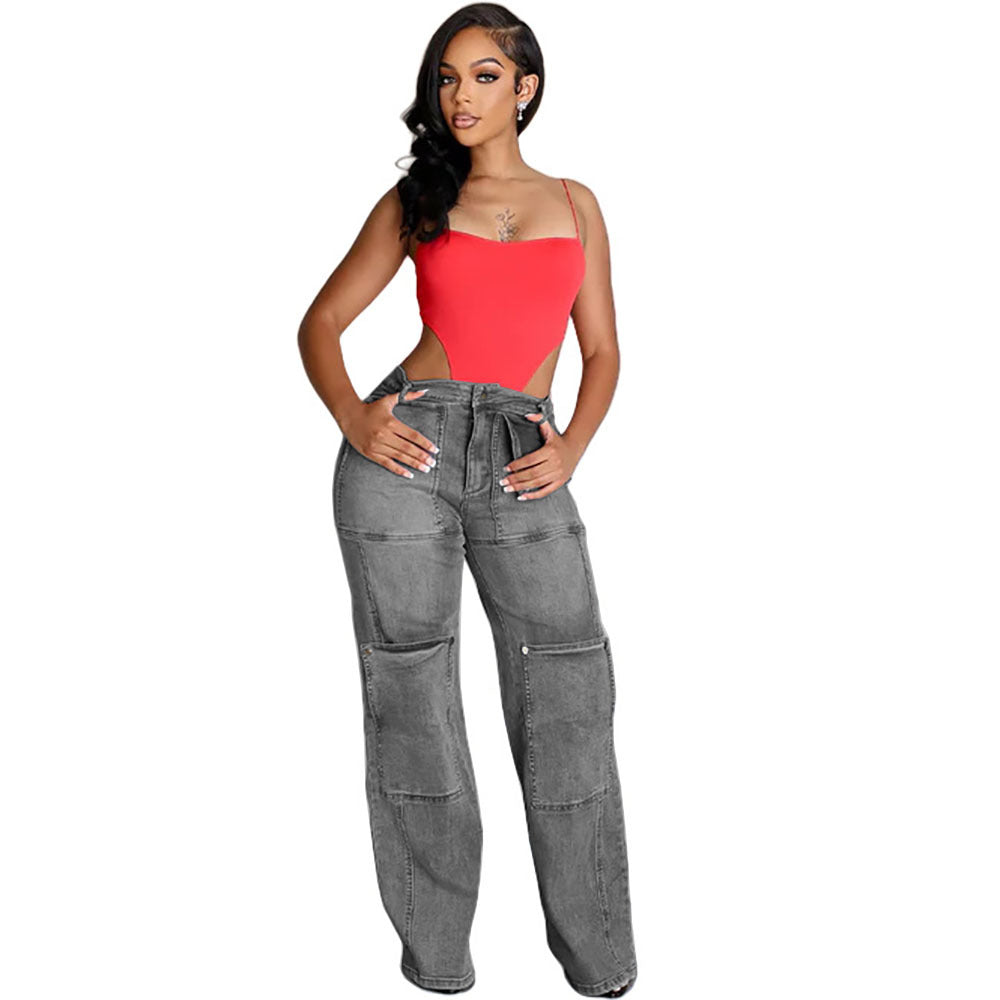 Women's Denim Straight Leg Pants, Autumn Winter Fashion Washed Button Patch High Waist Long Trousers