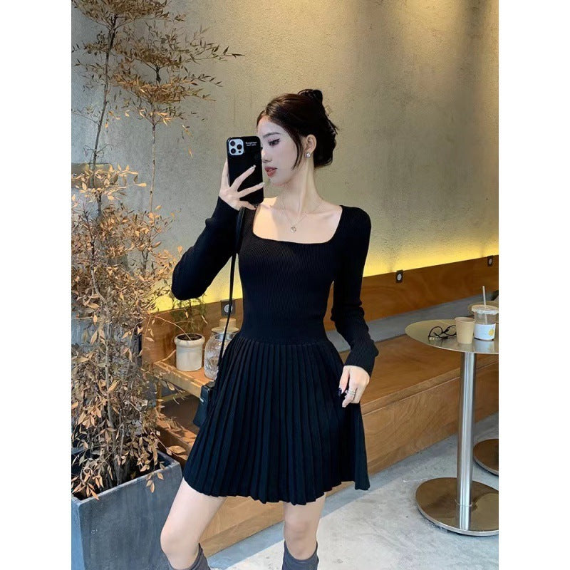 French Style Temperament Minimalist Square Collar Sweet And Spicy Knitted Dress