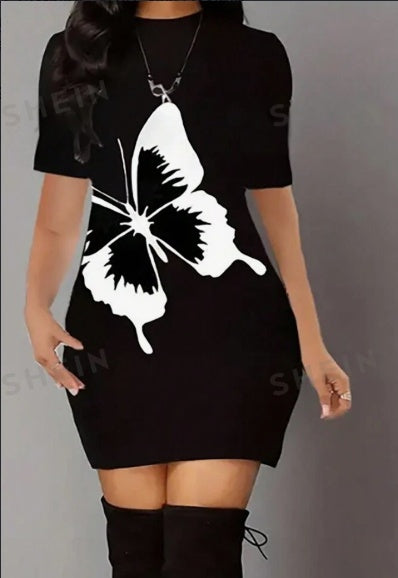 Lady Ladies' Butterfly Print Short Sleeve Slim Fit Bodycon Dress