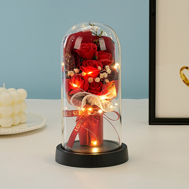 Eternal Rose Flower Bouquet Glass Dome Night Light Decoration Dried Flowers Baby's Breath Valentine's Day Gift for Her