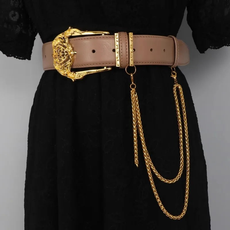 Women's Fashion Gold Buckle Genuine Leather Corset Female Cummerbund Coat Waistband Dress Decration Wide Belt