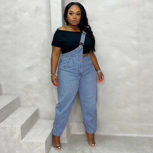 Single Shoulder Strap Washed Straight Leg Jeans Pants