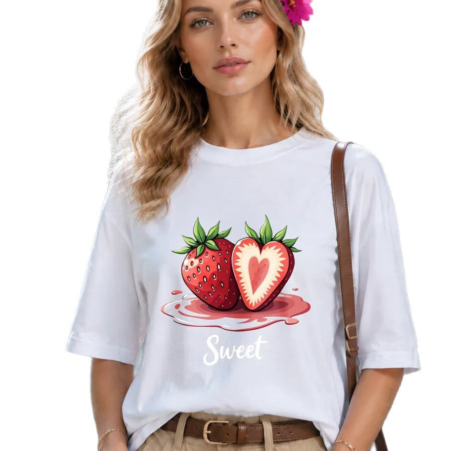 Loose strawberry printed short sleeved t-shirt for women