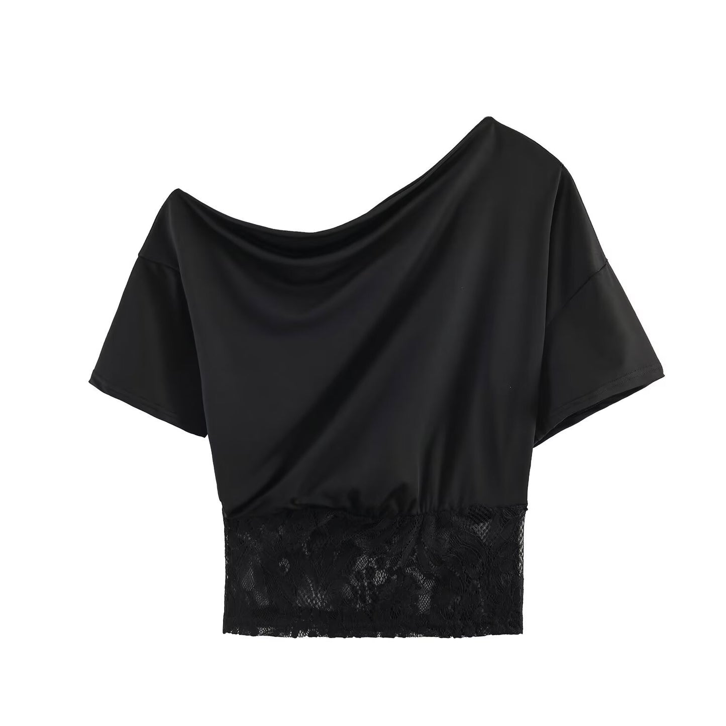 Spicy girl sexy lace patchwork sloping shoulder waistband top
