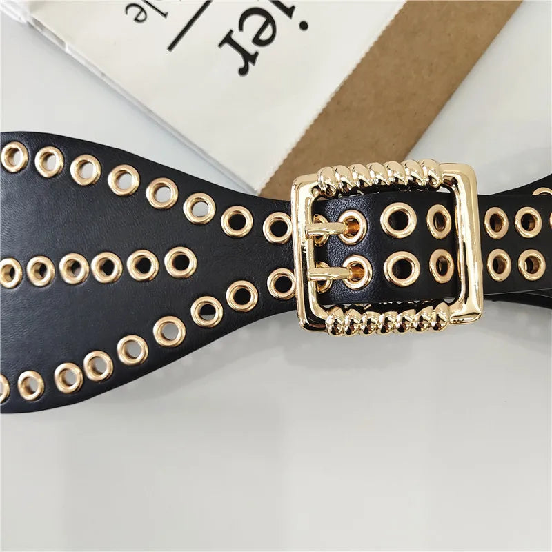 New Fashion Waist Band Women Metal Decoration Alloy Double Pin Buckle Luxury Dress Coat Casual Style PU Leather Belt