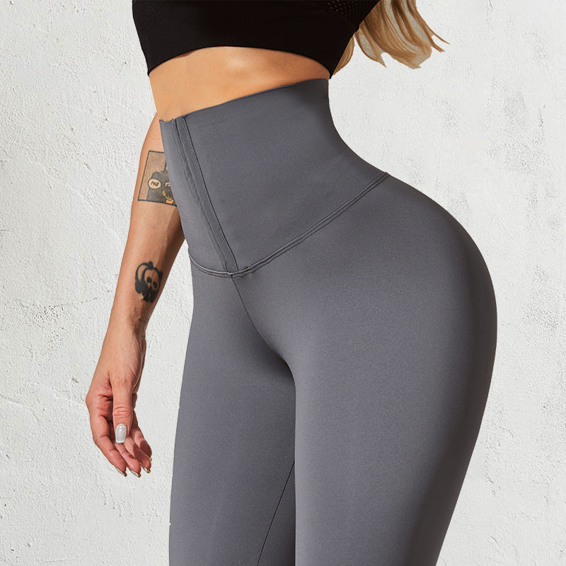 Women's High-Waist Sports Tummy Control Skinny Pants with Outer Snap Button Waistband