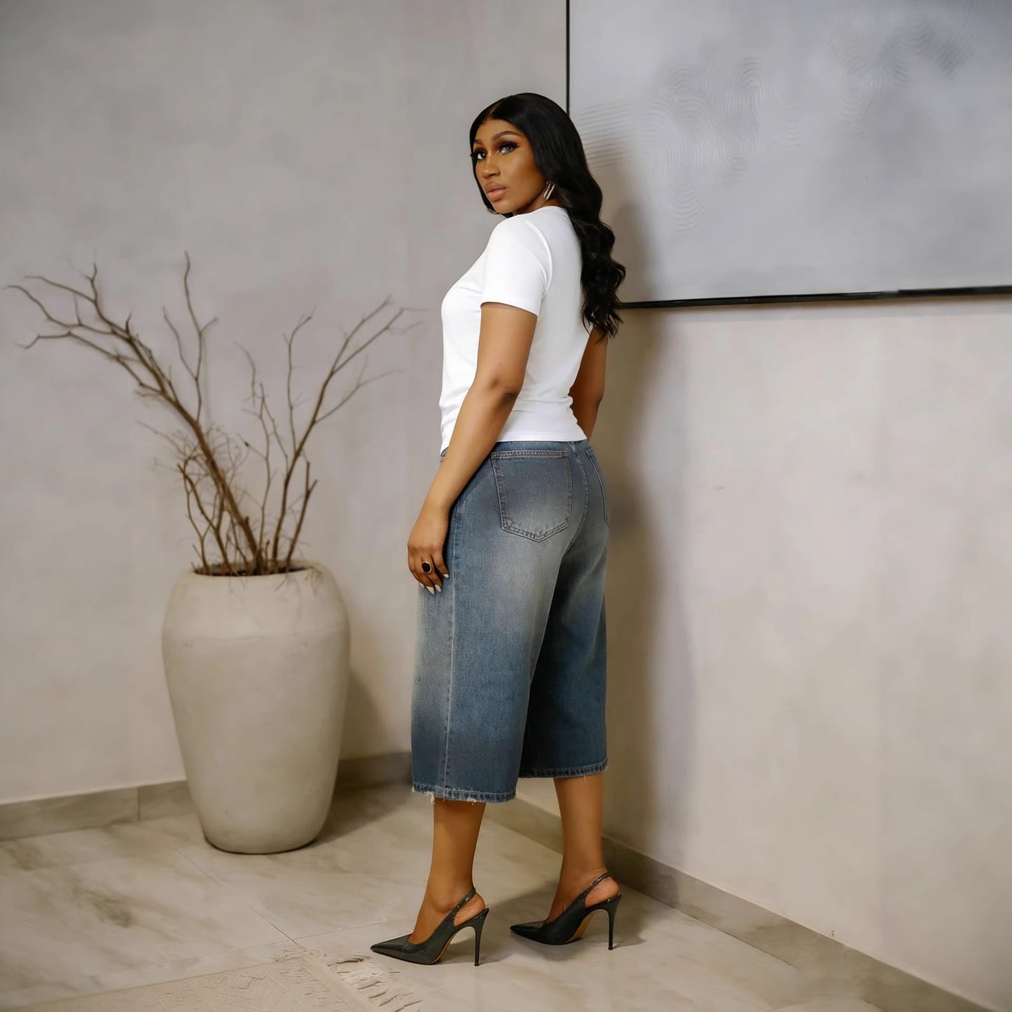 Casual Minimalist Wide-Leg Seven-Quarter Denim Pants