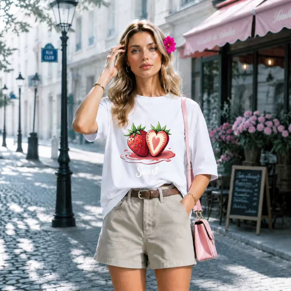 Loose strawberry printed short sleeved t-shirt for women