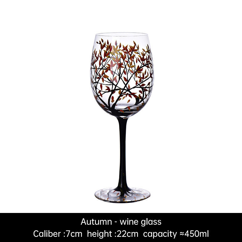 Light luxury ins crystal glass wine glass hand-painted household goblet four seasons painted wine glass