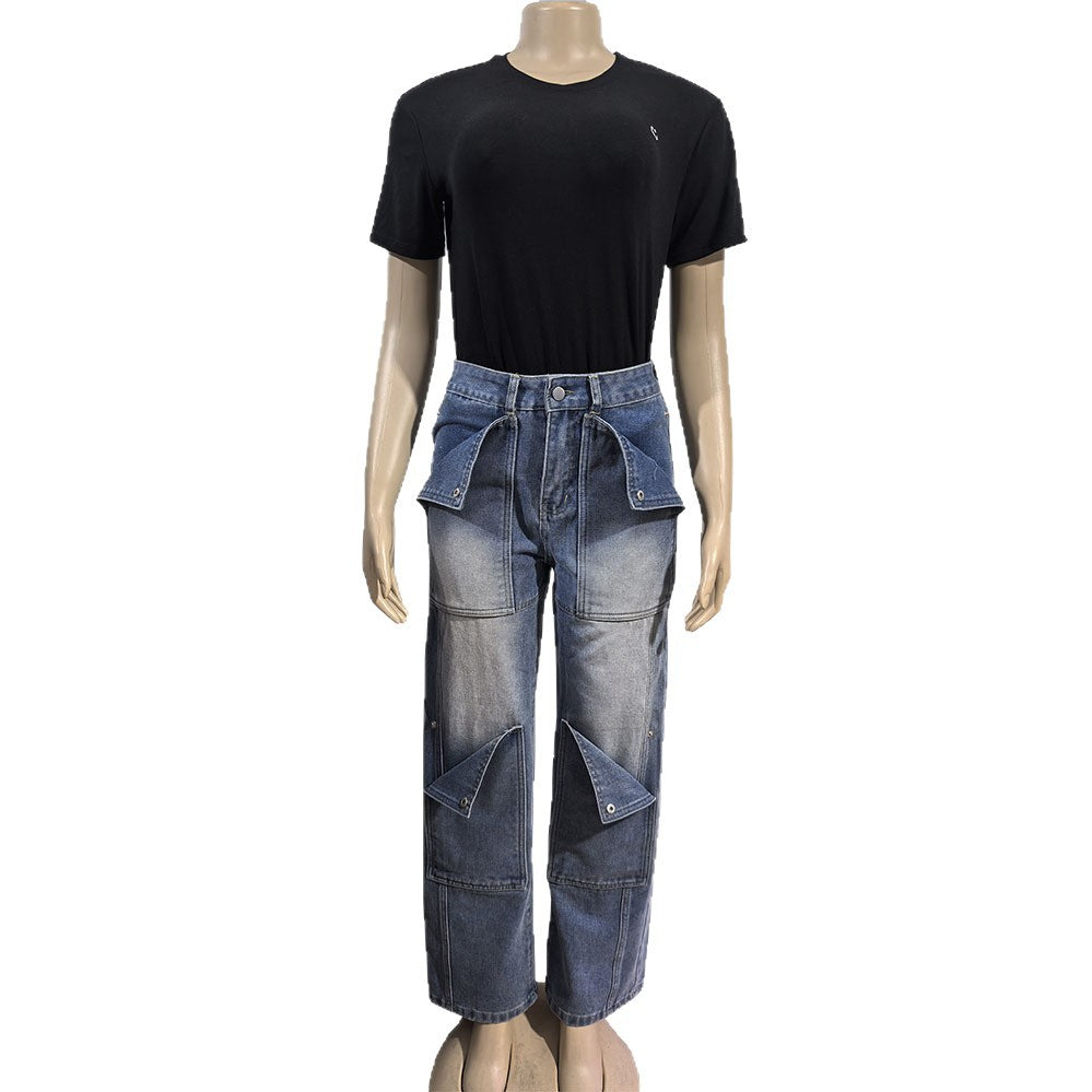 Women's Denim Straight Leg Pants, Autumn Winter Fashion Washed Button Patch High Waist Long Trousers