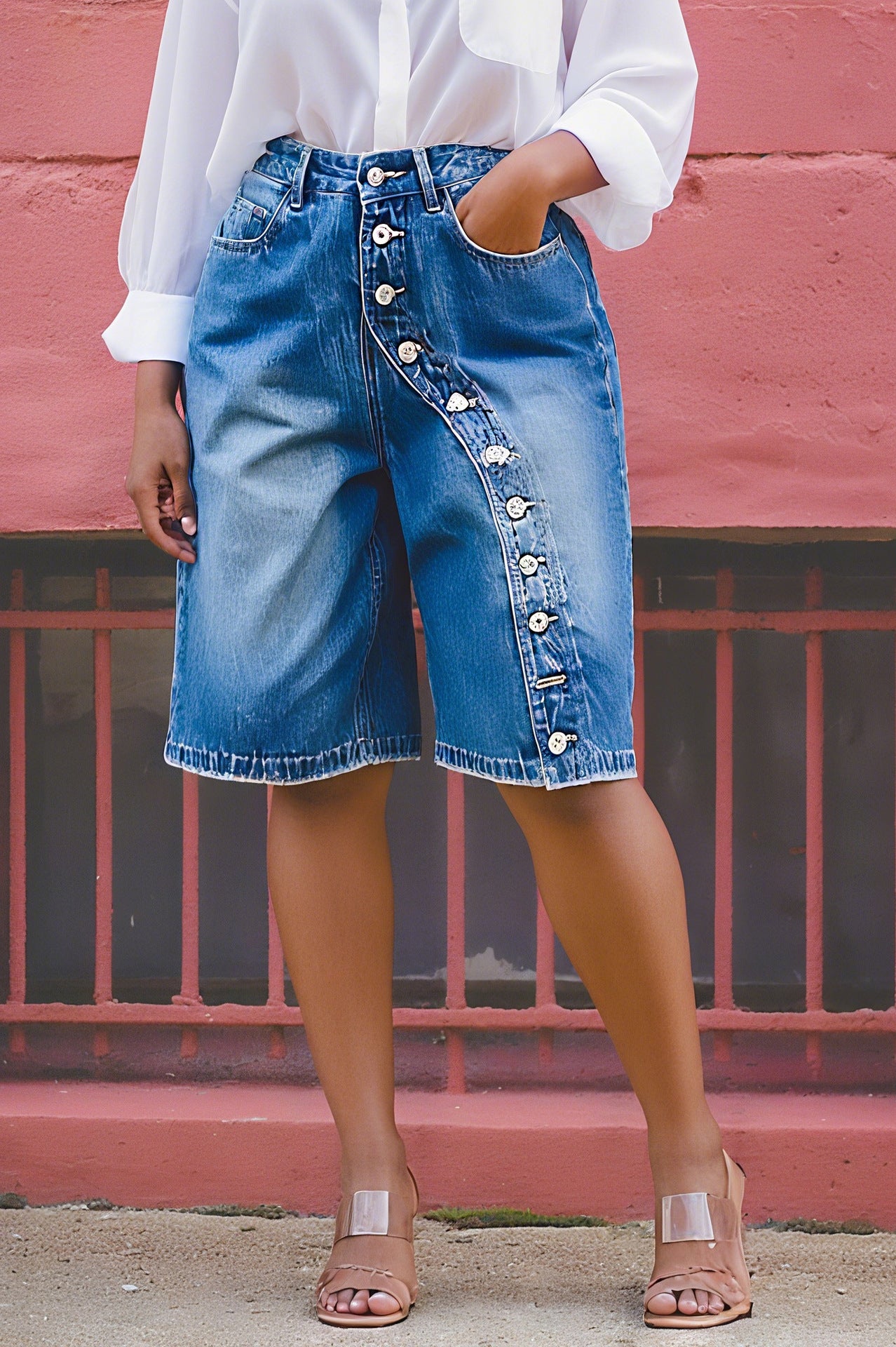 High-Waisted Five-Pocket Denim Shorts with Multiple Buttons