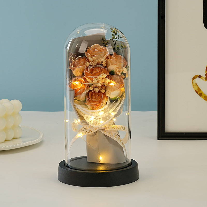 Eternal Rose Flower Bouquet Glass Dome Night Light Decoration Dried Flowers Baby's Breath Valentine's Day Gift for Her