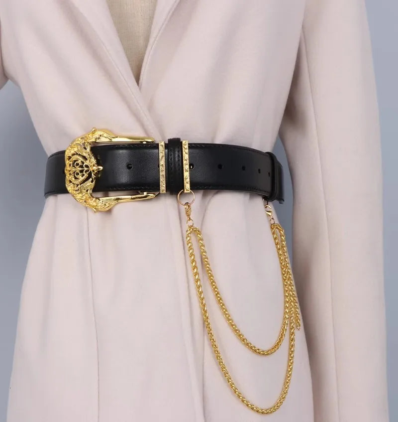 Women's Fashion Gold Buckle Genuine Leather Corset Female Cummerbund Coat Waistband Dress Decration Wide Belt