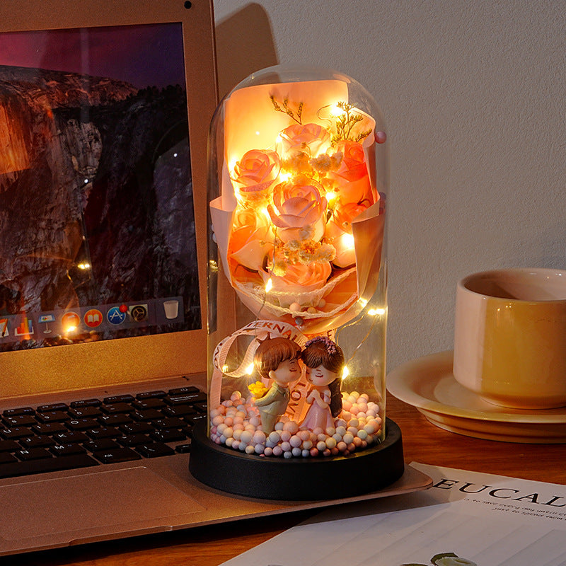Eternal Rose Flower Bouquet Glass Dome Night Light Decoration Dried Flowers Baby's Breath Valentine's Day Gift for Her