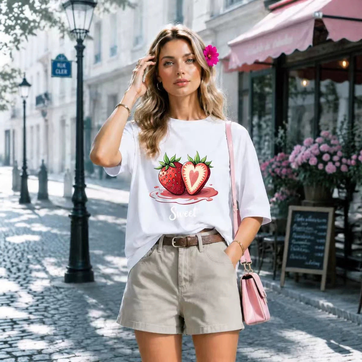Loose strawberry printed short sleeved t-shirt for women