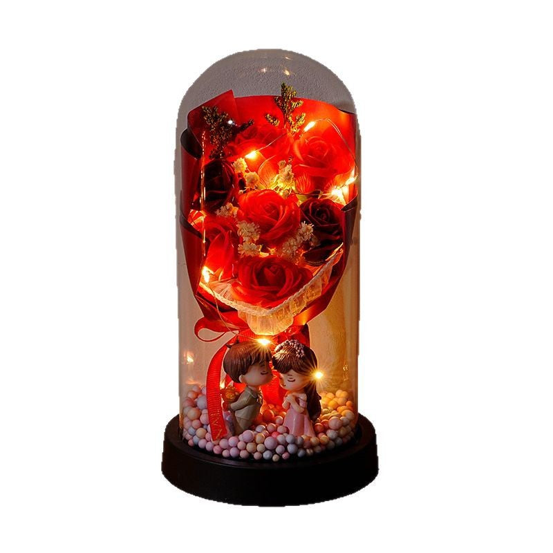 Eternal Rose Flower Bouquet Glass Dome Night Light Decoration Dried Flowers Baby's Breath Valentine's Day Gift for Her