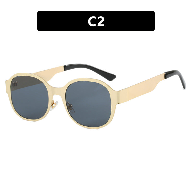Ins textured metal retro concave shaped street photography sunglasses, trendy women's large frame round face personalized spicy girl sunglasses
