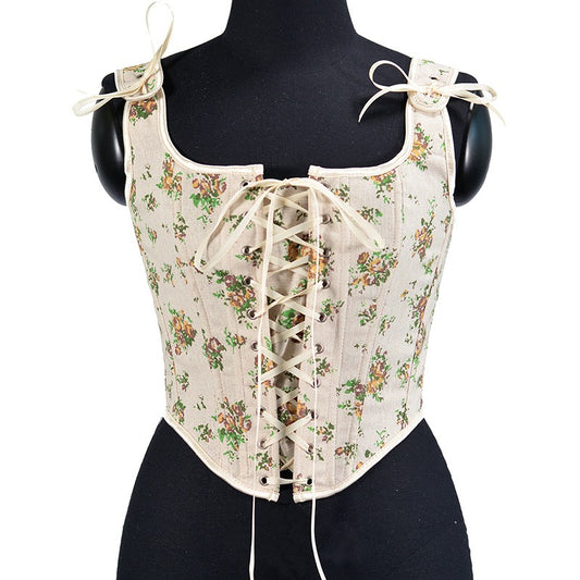 8 front strap French yellow rose print retro fishbone corset short tank top Bustier Crop
