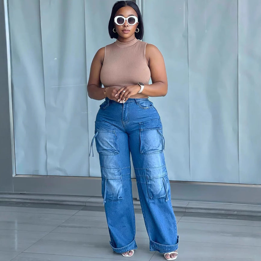 High-Waisted Women's Denim Pants, Fashionable Straight Leg Cargo Casual Trousers