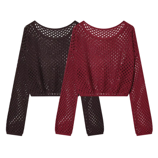 Spicy girl sequin hollow out short long sleeved knitted sweater