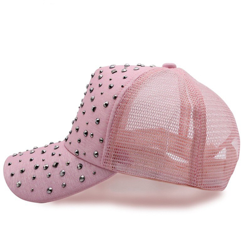 Unisex Streetwear Bone Cotton Rhinestone Breathable Mesh Sun Hat Summer Women Snapback Adjustable Rivet Ponytail Baseball Cap 83