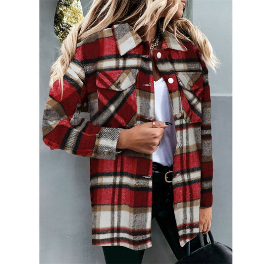 Autumn And Winter European And American Women's New Plaid Woolen Shirt Women's Breasted Casual Shirt Women