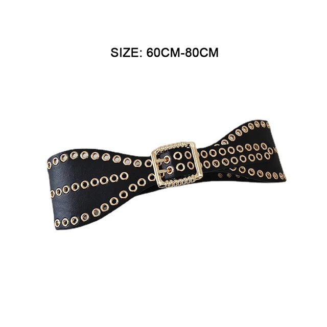 New Fashion Waist Band Women Metal Decoration Alloy Double Pin Buckle Luxury Dress Coat Casual Style PU Leather Belt
