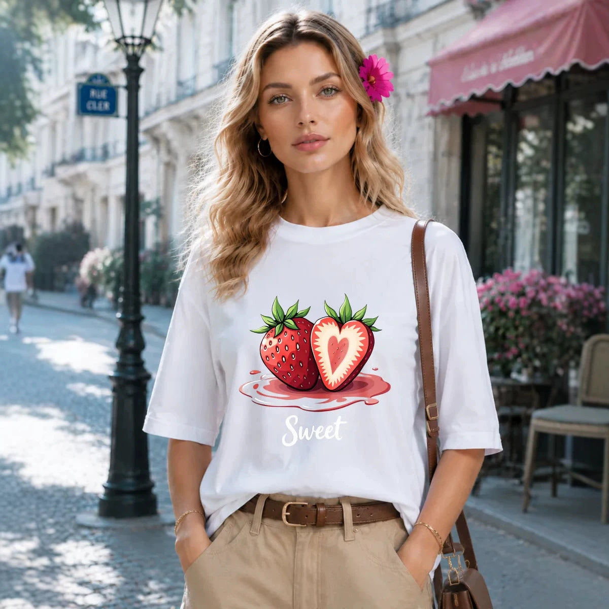 Loose strawberry printed short sleeved t-shirt for women