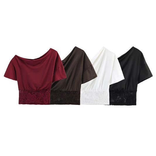 Spicy girl sexy lace patchwork sloping shoulder waistband top