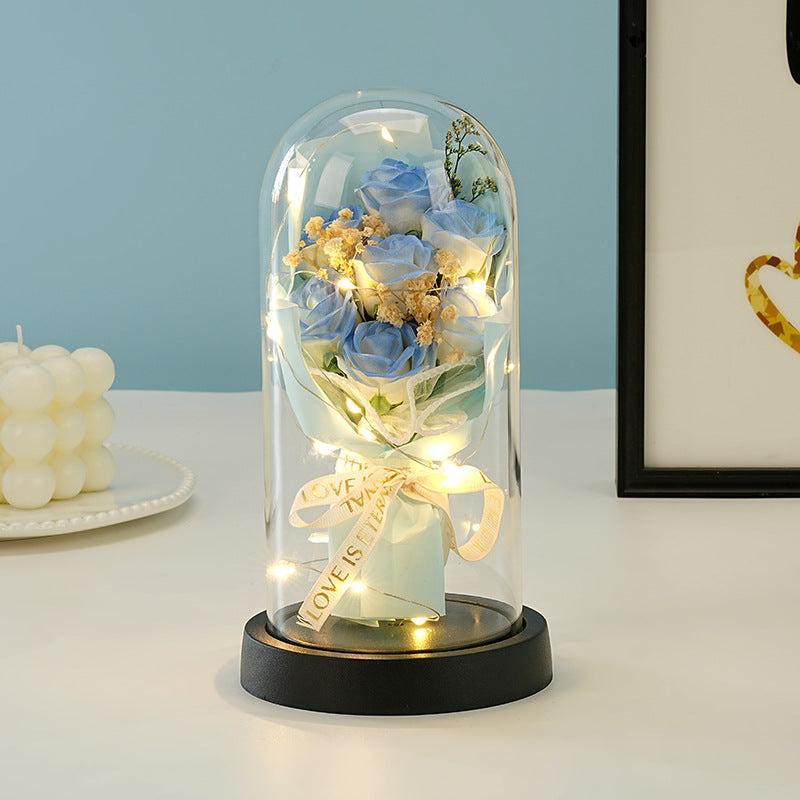 Eternal Rose Flower Bouquet Glass Dome Night Light Decoration Dried Flowers Baby's Breath Valentine's Day Gift for Her