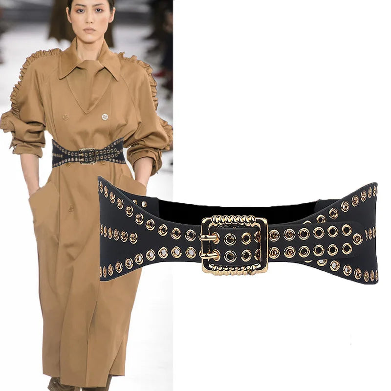 New Fashion Waist Band Women Metal Decoration Alloy Double Pin Buckle Luxury Dress Coat Casual Style PU Leather Belt