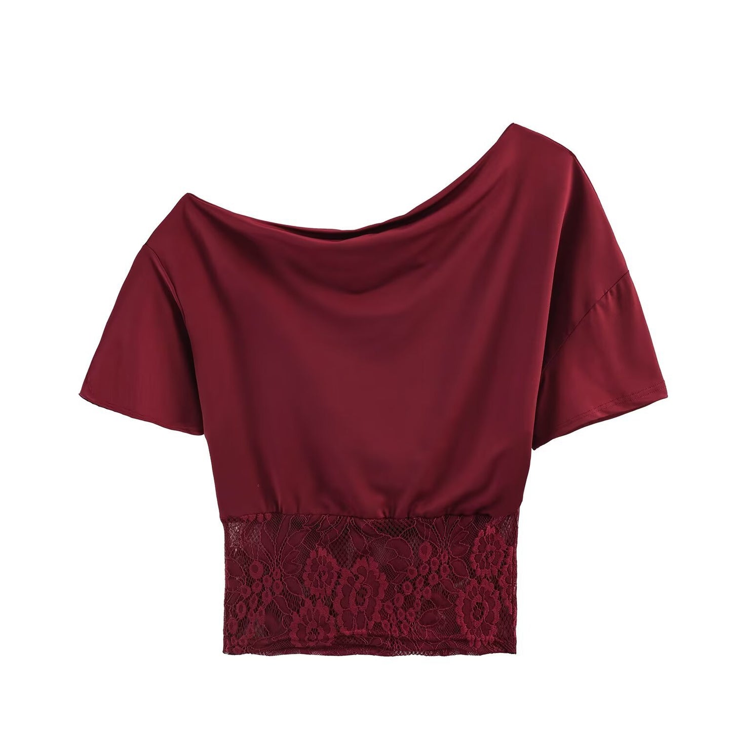 Spicy girl sexy lace patchwork sloping shoulder waistband top
