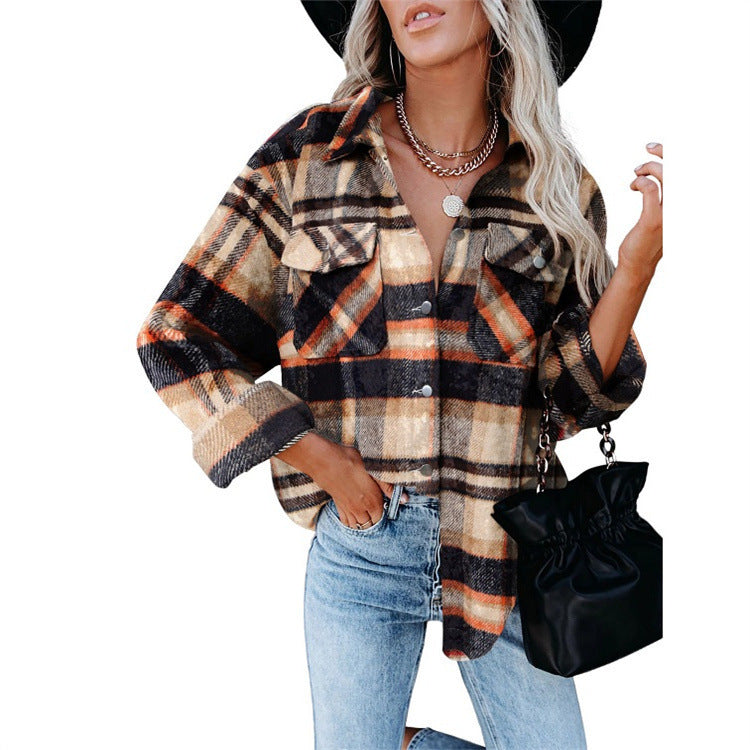 Autumn And Winter European And American Women's New Plaid Woolen Shirt Women's Breasted Casual Shirt Women