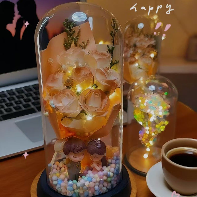 Eternal Rose Flower Bouquet Glass Dome Night Light Decoration Dried Flowers Baby's Breath Valentine's Day Gift for Her